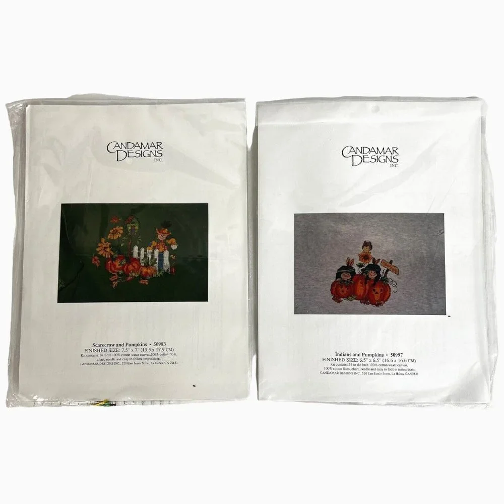 2 New Candamar Designs Cross Stitch Kit Indians and Pumpkins Scarecrow Halloween